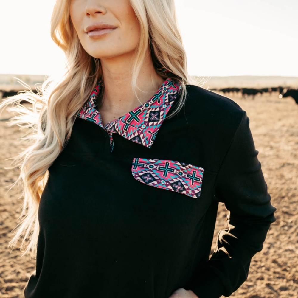 MIDNIGHT ORCHID PULLOVER Unique Aztec Collar and Stylish Aztec Flap on the Front